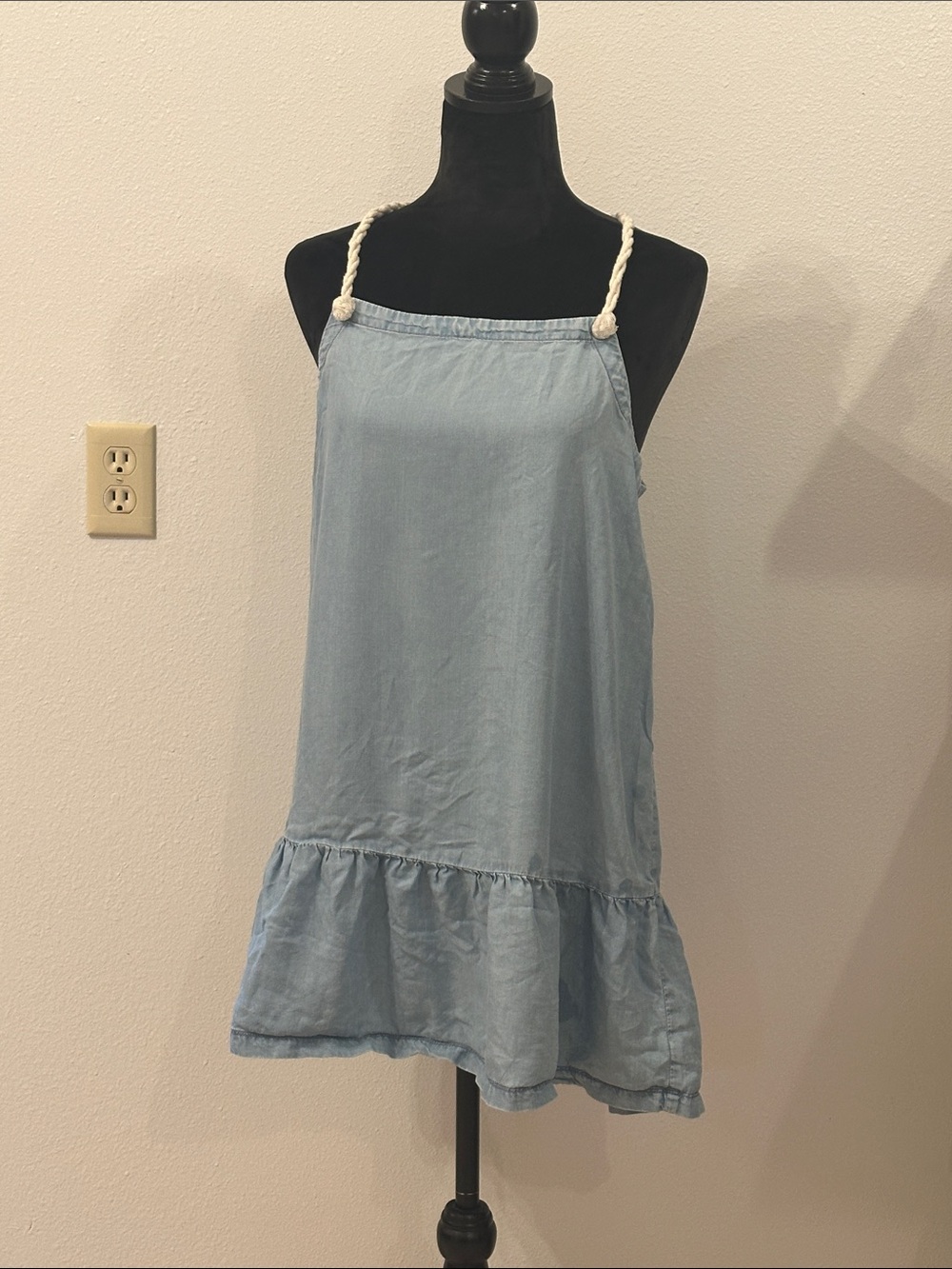 aerie Light Blue Rope-Strap Ruffle-Hem Mini Dress